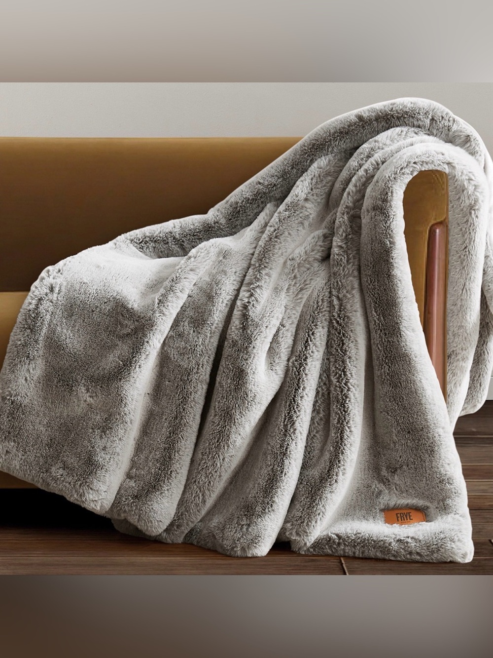 FRYE Luxe Faux Fur Throw Blanket 60" x 70" Gray Silky Soft Feel Polyester